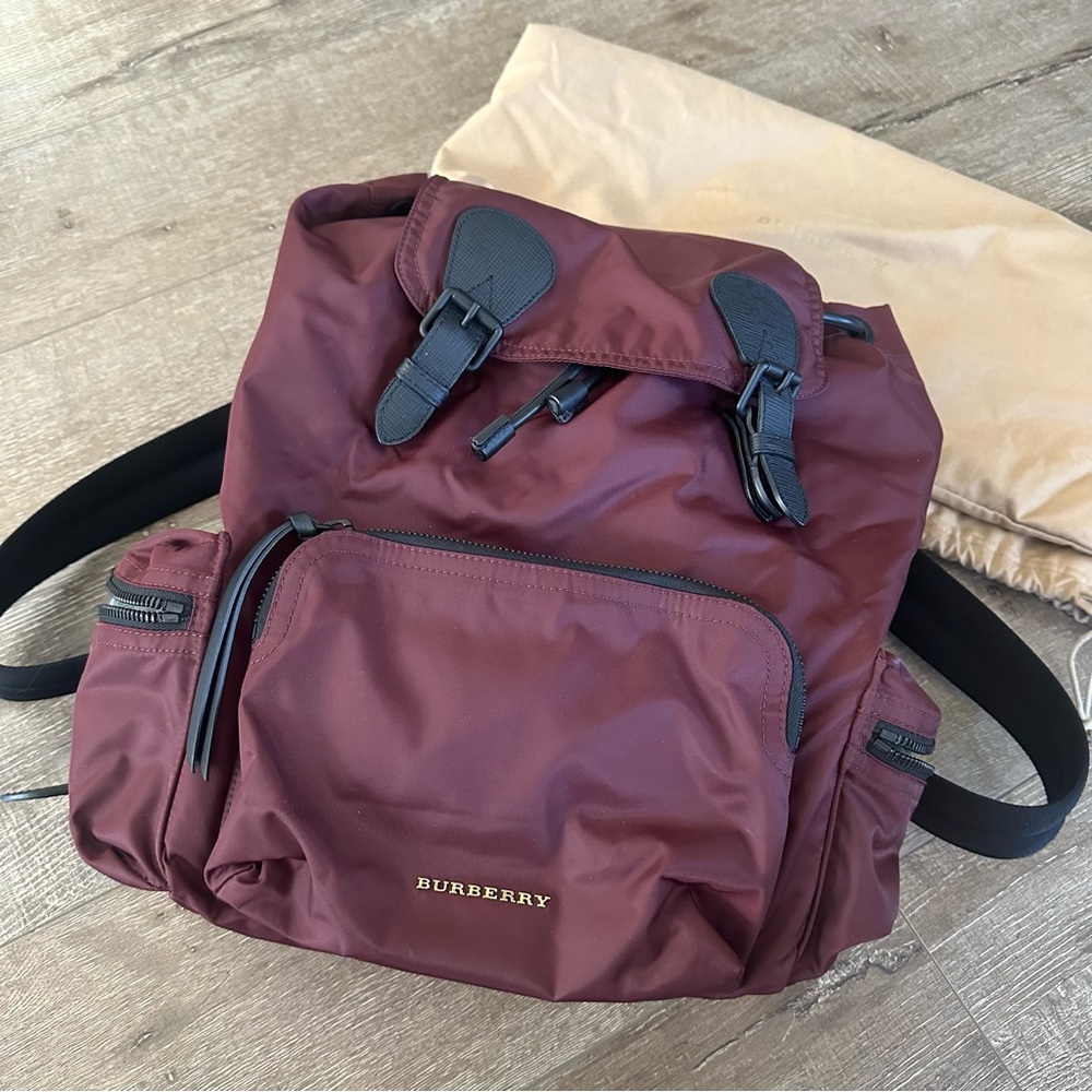 Burberry burgundy red nylon backpack